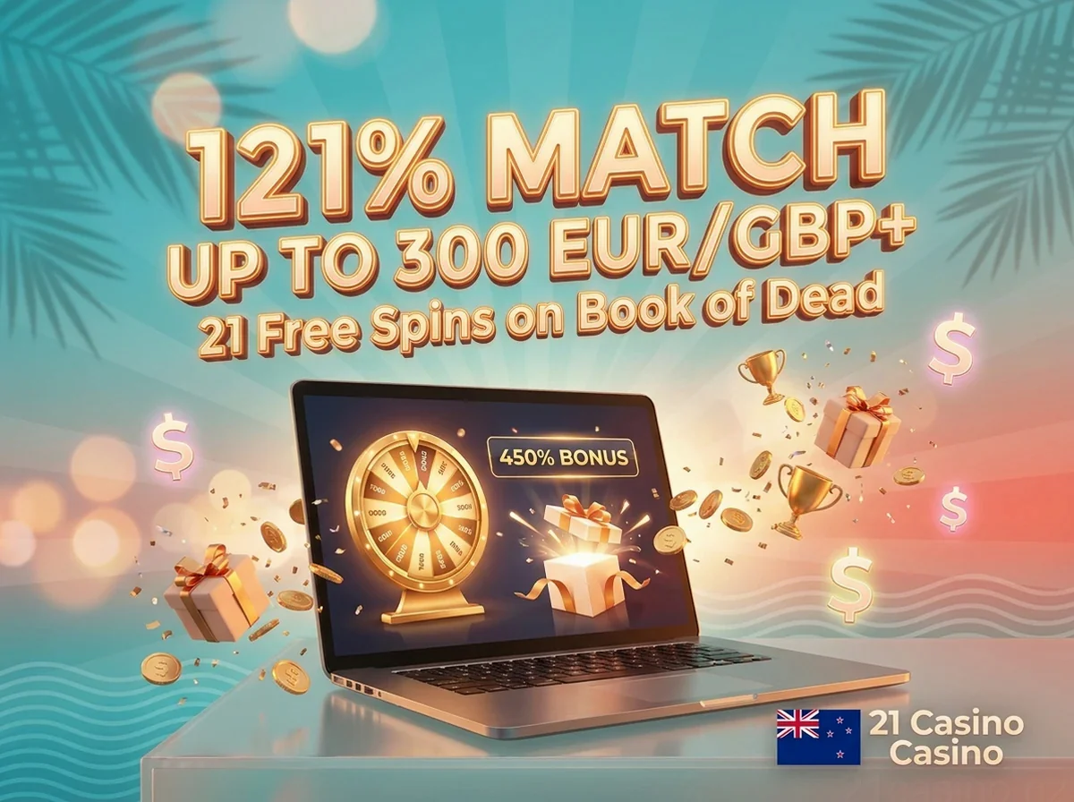 121% MATCH UP TO 300 EUR/GBP+ 21 Free Spins on Book of Dead